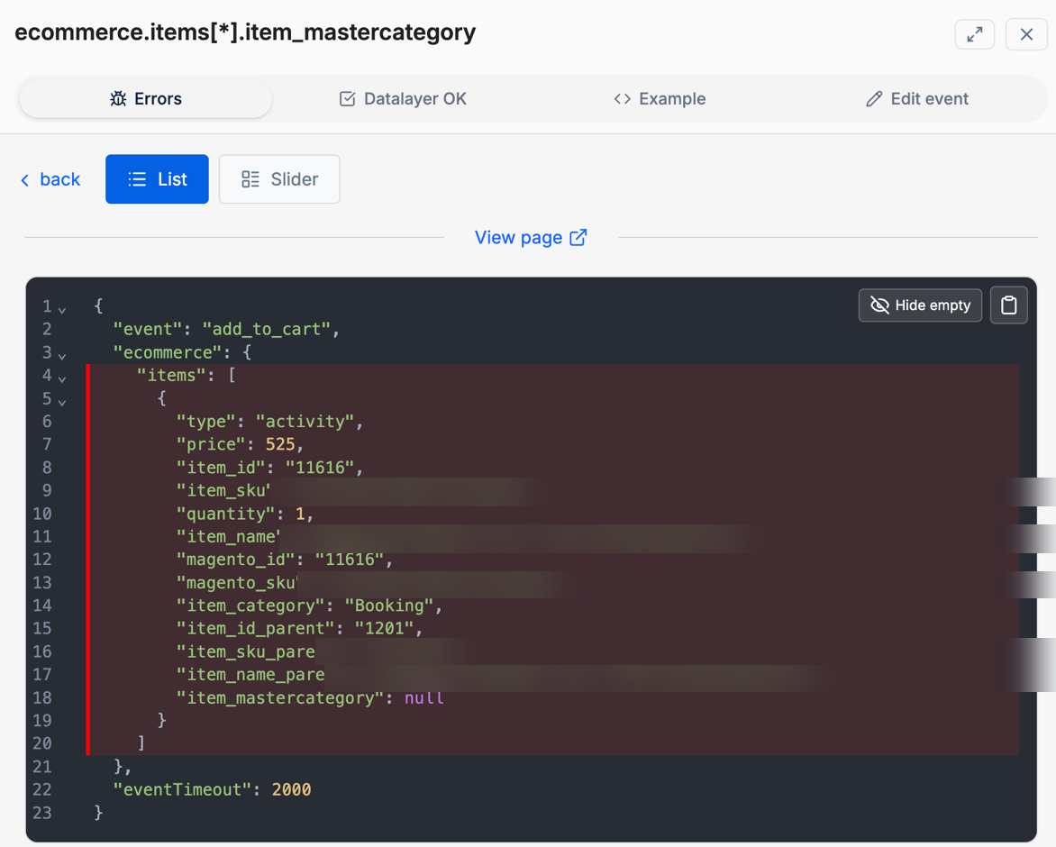 Détail d'audit montrant un payload dataLayer add_to_cart réel avec item_mastercategory null signalé en erreur